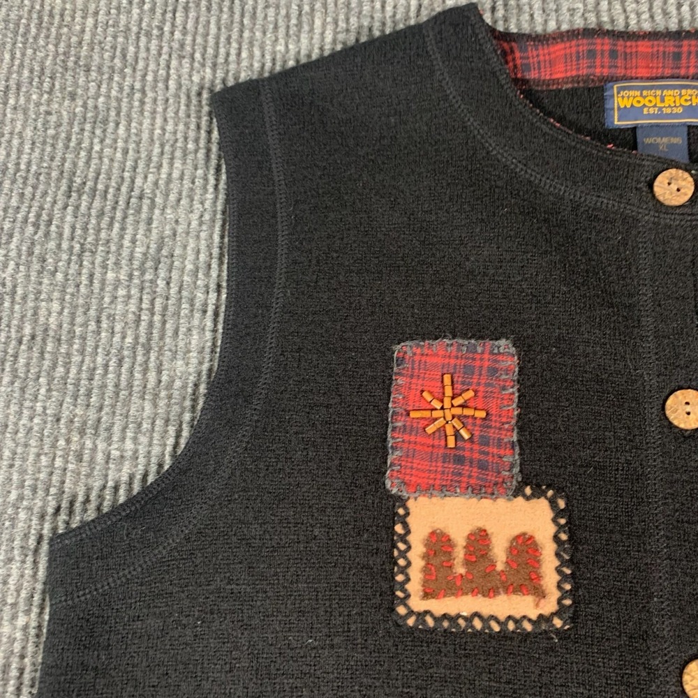 VTG Woolrich Sweater Vest Womens XL Black Wool Vest Patches Cottage Core Grandma - Picture 5 of 12